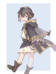  1girl belt black_hair black_robe boots dress fire_emblem fire_emblem_awakening fire_emblem_heroes gloves highres hood hooded_coat morgan_(female)_(fire_emblem) morgan_(fire_emblem) open_mouth purple_bracelet queqiansuzume robe robin_(female)_(child)_(fire_emblem) 