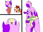  animal_crossing anthro big_butt black_eyes bob_(animal_crossing) bulge bulge_from_behind butt butt_focus clothing comic_panel curlyboy felid feline fur gift gift_box hand_on_hip hi_res human looking_back low-angle_view male mammal markings nintendo panties pupils purple_body rear_view red_clothing simple_background slit_pupils spots spotted_body spotted_fur tail tan_body tan_skin text text_on_clothing underwear villager_(animal_crossing) white_background yellow_clothing yellow_panties yellow_sclera yellow_underwear 
