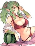  bikini blush bracer breasts chiki cleavage fire_emblem fire_emblem:_kakusei fire_emblem:_monshou_no_nazo fire_emblem_heroes food front-tie_top fruit gebyy-terar green_eyes green_hair hair_ornament hair_ribbon large_breasts long_hair looking_at_viewer mamkute navel one_eye_closed pointy_ears ponytail red_bikini red_ribbon ribbon sarong simple_background sketch solo swimsuit watermelon white_background 