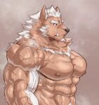 abs anthro biceps bodily_fluids canid canine canis demon fur hi_res lifewonders male mammal muscular muscular_anthro muscular_male nipples pecs solo tokyo_afterschool_summoners triceps vein veiny_muscles wolf znoneikaga
