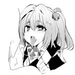  after_kiss bangs bell blush checkered eyebrows_visible_through_hair greyscale hair_bell hair_between_eyes hair_ornament heart heart-shaped_pupils kamukamu_(ars) looking_at_another monochrome motoori_kosuzu open_mouth saliva saliva_trail simple_background solo_focus symbol-shaped_pupils tongue tongue_out touhou twintails upper_body white_background 