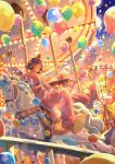  1girl amusement_park animal_costume atelier_umiyury balloon carousel cigarette cloud commentary cup disposable_cup earrings ferris_wheel food highres horse jewelry light_particles mascot_costume mascot_head original popcorn purple_hair short_hair sidesaddle smoking solo sunset 