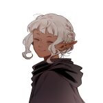  1boy androgynous black_cloak braid cloak closed_mouth dark-skinned_male dark_skin dungeon_meshi elf facing_back facing_viewer grey_hair highres hood hood_down hooded_cloak male_focus meintaikoo pointy_ears sidelocks simple_background smile thistle_(dungeon_meshi) upper_body white_background 