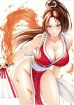  1girl arm_guards bare_shoulders breasts brown_eyes brown_hair cleavage commentary_request fatal_fury fire folding_fan hand_fan high_ponytail highres holding holding_fan japanese_clothes large_breasts leaning_forward legs long_hair looking_at_viewer ninja pelvic_curtain ponytail revealing_clothes rope shiny_skin shiranui_mai sideboob smile solo the_king_of_fighters thighs traditional_media yosaku_vs_hina 