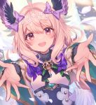  1girl ahoge blonde_hair blush breasts enna_alouette enna_alouette_(1st_costume) falling_feathers feathers flower hair_between_eyes hair_flower hair_ornament head_wings highres koma525239 long_hair looking_at_viewer nijisanji nijisanji_en open_mouth outstretched_arms purple_eyes small_breasts solo virtual_youtuber wings 