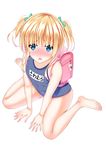  absurdres backpack bag bare_shoulders barefoot between_legs blonde_hair blue_eyes blue_swimsuit blush bow character_name from_above green_bow hair_bow hand_between_legs highres long_hair looking_at_viewer one-piece_swimsuit randoseru saenai_heroine_no_sodatekata sawamura_spencer_eriri school_swimsuit shirouzu_myuuta short_twintails simple_background sitting solo swimsuit twintails white_background younger 
