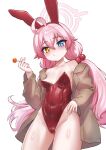  1girl ahoge animal_ears blue_archive blue_eyes blush breasts carbon12th fake_animal_ears hair_bobbles hair_ornament halo highres hoshino_(blue_archive) jacket long_hair long_sleeves looking_at_viewer pink_hair playboy_bunny rabbit_ears small_breasts solo thighs yellow_eyes 