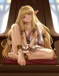  1girl absurdres barefoot blonde_hair blush breasts brown_eyes elf feet hair_tubes highres kairunoburogu long_hair looking_at_viewer pointy_ears serie_(sousou_no_frieren) sidelocks sitting smile solo sousou_no_frieren toes very_long_hair 