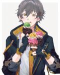  1boy artist_name black_gloves black_jacket caelus_(honkai:_star_rail) closed_mouth fingerless_gloves food food_on_face gloves grey_hair hair_between_eyes hands_up holding holding_food holding_ice_cream honkai:_star_rail honkai_(series) hood hooded_jacket ice_cream ice_cream_cone ice_cream_on_face jacket long_sleeves looking_at_food male_focus open_clothes open_jacket rowya shirt short_hair simple_background smile solo standing t-shirt tongue tongue_out trailblazer_(honkai:_star_rail) two-sided_fabric two-sided_jacket white_background white_shirt yellow_eyes yellow_jacket 