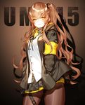  black_jacket black_legwear black_skirt blush brown_background brown_eyes brown_hair character_name closed_mouth commentary eyebrows_visible_through_hair girls_frontline hair_between_eyes hands_in_pockets head_tilt jacket kei_(seona2020) long_hair looking_at_viewer one_side_up open_clothes open_jacket pantyhose pleated_skirt scar scar_across_eye shirt silhouette skirt smile solo ump45_(girls_frontline) very_long_hair white_shirt 