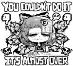  1girl bags_under_eyes bow cirno commentary emoji english_text greyscale hair_bow inawon monochrome skull_and_crossbones solo symbol-only_commentary thumbs_down touhou wavy_mouth 