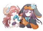  2girls animal_hands animal_hood blush bow bowtie braid brown_hair dog_hood fake_horns gloves hands_up heart hood hood_up horns long_sleeves looking_at_viewer mejiro_bright_(umamusume) mejiro_dober_(umamusume) multiple_girls onesie open_mouth paw_gloves purple_eyes romi_(346_ura) sheep_hood simple_background smile sweatdrop umamusume upper_body white_background yellow_eyes 