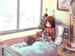  1girl bed blue_eyes blush book brown_hair candy candy_cane cellphone christmas christmas_present christmas_tree commentary english_commentary food gift holding holding_book hospital hospital_bed indoors intravenous_drip long_hair long_sleeves original painting_(object) phone plate purdoy25 reading solo_focus window 