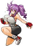  ass bare_shoulders blush borrowed_character breasts collared_shirt fingerless_gloves gloves green_eyes hair_between_eyes large_breasts original pants purple_hair sachito shirt shorts side_ponytail sidelocks simple_background sleeveless smile tight tight_pants white_background 