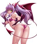  00s 1girl ass back bare_legs bare_shoulders bat_wings bikini breasts bridal_gauntlets butt_crack demon_girl fangs female huge_ass kagami_hirotaka legs lilim_(taimanin_asagi_battle_arena) lilith-soft long_hair looking_at_viewer looking_back night partially_visible_vulva shiny shiny_skin sky small_breasts solo succubus swimsuit tail taimanin_(series) taimanin_asagi taimanin_asagi_battle_arena thong twintails underwear wings 
