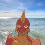  anthro arm_spikes beach blue_sky cloud digital_media_(artwork) dragon humor looking_at_viewer male mythological_creature mythological_scalie mythology novah_ikaro novah_ikaro_(character) open_mouth orange_body orange_eyes orange_scales photo_background photography_(artwork) pupils red_body red_scales scales scalie sea shaded shoulder_spikes sky slit_pupils solo spikes spikes_(anatomy) teeth tongue water wingless_dragon 