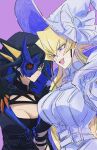  2girls black_hair blonde_hair blue_eyes blue_mask breasts cleavage collar cosplay diabellstar_the_black_witch diabellstar_the_black_witch_(cosplay) diabellze_the_original_sinkeeper diabellze_the_original_sinkeeper_(cosplay) dress fang fudo_yusei fur_trim genderswap genderswap_(mtf) green_eyes half_mask hat highres hood hood_up jack_atlas large_breasts long_hair mask medium_hair multicolored_hair multiple_girls purple_background r42r98r streaked_hair two-tone_hair white_dress white_hat witch witch_hat yu-gi-oh! yu-gi-oh!_5d&#039;s 