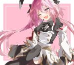  1boy astolfo_(fate) astolfo_(saber)_(fate) astolfo_(saber)_(third_ascension)_(fate) black_bow black_bowtie black_gloves black_ribbon blush bow bowtie dress fate/grand_order fate_(series) gloves hair_bow highres juliet_sleeves layered_skirt long_hair long_sleeves looking_at_viewer low_twintails male_focus one_eye_closed ooo00_cha otoko_no_ko pink_hair puffy_sleeves purple_eyes ribbon skirt smile solo twintails wing_collar 