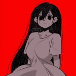  1girl absurdres black_eyes black_hair collarbone dress highres kageimo long_hair looking_at_viewer mari_(faraway)_(omori) mari_(omori) omori parted_lips red_background short_sleeves simple_background solo white_dress 