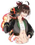  1boy bandaged_chest bandaid bandaid_on_face black_hairband black_jacket brown_eyes brown_hair con_potata gaming_(genshin_impact) genshin_impact grey_jacket hair_between_eyes hairband highres jacket looking_at_viewer male_focus man_chai_(genshin_impact) midriff multicolored_hair muscular muscular_male navel open_mouth ponytail red_hair scar smile solo stomach white_background 