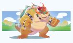  5_fingers absurd_res anthro biped bowser bracelet eyebrows feet fingers fire hair hi_res horn humanoid_hands jewelry koopa male male_anthro mario_bros nintendo overweight overweight_anthro overweight_male riisago scalie shell solo spiked_bracelet spikes toes 