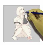  2023 4_toes alphys anthro bikini black_bikini black_clothing black_swimwear boss_monster_(undertale) bovid caprine clothing drawing_in_a_drawing feet female fur goat hi_res komm64 mammal pawpads pencil_(object) scales solo swimwear toes toriel undertale_(series) white_body white_fur yellow_body yellow_scales 