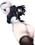  ass black_gloves black_hairband black_legwear blindfold breasts commentary_request covered_eyes facing_viewer feather-trimmed_sleeves gloves hairband highres leotard long_sleeves medium_breasts mole mole_under_mouth nier_(series) nier_automata short_hair simple_background solo thighhighs tomohiro_kai white_background white_hair white_leotard yorha_no._2_type_b 