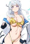  1girl alternate_costume ass_visible_through_thighs bikini blue_archive blush breasts cameltoe clearite cleavage closed_mouth commentary covered_nipples cowboy_shot female_pubic_hair grey_hair halo headphones highleg highleg_bikini jacket large_breasts long_hair looking_at_viewer mechanical_halo navel noa_(blue_archive) off_shoulder open_clothes open_jacket pubic_hair pubic_hair_peek purple_eyes ribs simple_background smile solo standing string_bikini swimsuit two-sided_fabric two-sided_jacket very_long_hair white_background white_jacket yellow_bikini 
