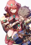  1boy 1girl absurdres blush breasts brown_hair chest_jewel closed_eyes cotton_ball earrings highres injury jewelry large_breasts open_mouth pain pyra_(xenoblade) red_hair rex_(xenoblade) scene_reference screaming short_hair sitting smile spiked_hair swept_bangs takahashi_hizumi tiara xenoblade_chronicles_(series) xenoblade_chronicles_2 
