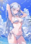  1girl absurdres alternate_costume armpits arms_behind_back arms_up bikini blue_sky breasts butterfly_hair_ornament cleavage cloud cloudy_sky genshin_impact grey_eyes grey_hair hair_ornament hair_over_one_eye highres large_breasts long_hair looking_at_viewer navel outdoors parted_lips shenhe_(genshin_impact) signature sky stomach sunlight swimsuit utsuhostoria water white_bikini 