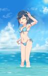  1girl armpits bikini blue_hair blue_sky bob_cut breasts cloud cloudy_sky commentary day delicious_party_precure front-tie_bikini_top front-tie_top fuwa_kokone green_eyes hair_ornament hairclip highres horizon looking_at_viewer merit_(user_cmvj8887) navel ocean one_eye_closed open_mouth outdoors precure short_hair side-tie_bikini_bottom sky small_breasts smile solo standing striped_bikini striped_clothes swimsuit wading water wet wind 