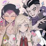  1girl 2boys :d black_bow black_hair black_hat blush bow bowtie braid closed_eyes closed_mouth danganronpa_(series) danganronpa_2:_goodbye_despair facing_viewer fang gem grey_eyes grey_hair grin hair_bow hat heart heterochromia highres joonoyuki medium_hair multicolored_hair multiple_boys pink_hair portrait red_bow red_bowtie red_eyes scarf sharp_teeth short_hair smile soda_kazuichi sonia_nevermind sticker tanaka_gundham teeth two-tone_hair 