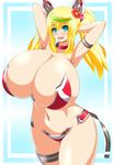  1girl 60 armlet armpits bikini blonde_hair blue_eyes blush breasts choker collar curvy female gene_(pso2) green_hair hand_behind_head hands_behind_heads headgear highres huge_breasts long_hair long_twintails looking_at_viewer mound_of_venus multicolored_hair navel open_mouth phantasy_star phantasy_star_online_2 simple_background smile solo standing twintails 