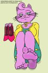5_toes anthro barefoot bojack_horseman clothing domestic_cat feet felid feline felis female foot_focus footwear fur green_sclera hi_res jewelry mammal mrchasecomix necklace netflix pink_body pink_fur princess_carolyn shoes shoes_removed soles solo toes whiskers