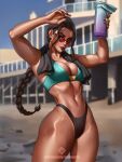  1girl aqua_bra arms_up artist_name azuma_yasuo black_nails black_panties black_towel blurry blurry_background bottle bra braid braided_ponytail brown_eyes brown_hair day depth_of_field highres holding holding_bottle lara_croft long_hair looking_at_viewer navel navel_piercing outdoors panties patreon_username piercing red-tinted_eyewear round_eyewear solo tinted_eyewear tomb_raider towel towel_around_neck underwear water_bottle web_address 