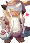  1girl absurdres animal_ears arms_up blush body_fur brown_fur cleft_of_venus clothes_pull furry furry_female heart highres long_hair made_in_abyss nanachi_(made_in_abyss) open_mouth pants pants_pull pussy pussy_juice simple_background solo spread_legs squatting tan_liao white_background white_hair 