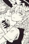  akizuki_maku apple bangs braid closed_mouth eating eyebrows_visible_through_hair food from_side fruit greyscale hair_between_eyes hat holding holding_food holding_fruit kirisame_marisa looking_at_viewer monochrome short_sleeves side_braid single_braid solo star touhou upper_body witch_hat 