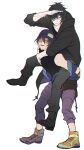  2boys beanie black_hair black_jacket black_shirt blue_hair blue_jacket carrying eiji_(slow_damage) hair_over_one_eye hat highres holding jacket looking_at_viewer multiple_boys piggyback scar scar_on_face shirt slow_damage smile towa_(slow_damage) 