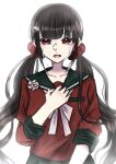  1girl black_hair black_sailor_collar blunt_bangs bow bowtie breast_pocket collarbone danganronpa_(series) danganronpa_v3:_killing_harmony grey_background grey_bow grey_bowtie hair_ornament hair_scrunchie hairclip hand_up harukawa_maki long_sleeves miniskirt mole mole_under_eye mugicha_(mugitya) pleated_skirt pocket red_eyes red_scrunchie red_shirt sailor_collar scrunchie shirt simple_background skirt solo tears teeth twintails upper_teeth_only 