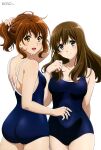  2girls :d absurdres ass back bare_legs bare_shoulders blue_eyes blue_one-piece_swimsuit blush breasts brown_hair closed_mouth collarbone eyelashes fluffy_hair from_behind hair_between_eyes hair_tie hibike!_euphonium highres kadowaki_miku kuroe_mayu large_breasts long_hair looking_at_viewer looking_back medium_breasts medium_hair megami_magazine multiple_girls official_art one-piece_swimsuit open_mouth orange_eyes oumae_kumiko ponytail school_swimsuit simple_background smile spaghetti_strap swimsuit white_background 
