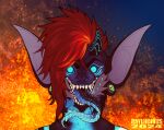 2024 abstract_background alternate_version_at_source ambiguous_gender anthro artist_name big_ears black_body black_sclera black_tongue blue_body blue_eyes blue_scales blue_tongue dated ear_piercing fangs front_view gauged_ear hair looking_at_viewer open_mouth piercing pupils rayliicious red_hair scales slit_pupils solo species_request teeth tongue wide_eyed