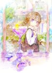  1girl bag brown_hair crescent_moon cup drinking_glass hair_bun highres kazuka looking_at_viewer moon original painting_(medium) purple_eyes purple_vest reflection shirt short_hair shoulder_bag single_hair_bun solo traditional_media vest watercolor_(medium) white_shirt 