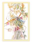  1girl absurdres border closed_eyes flower from_side green_hair hair_ribbon highres kazuka long_hair original painting_(medium) plant ribbon solo sweater traditional_media turtleneck turtleneck_sweater upper_body watercolor_(medium) white_background 