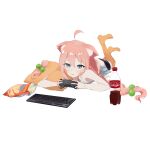  1girl absurdres ahoge animal_ear_fluff animal_ears bare_arms bare_shoulders black_shorts blue_eyes cat_ears chips_(food) coca-cola commentary_request controller dot_nose double-parted_bangs feet_up food furrowed_brow game_controller hair_between_eyes hair_over_shoulder highres hinata_channel holding holding_controller holding_game_controller keyboard_(computer) kurobeko_(kur0bek0) light_blush long_hair low_twintails lying nekomiya_hinata on_stomach orange_thighhighs parted_lips pillow pink_hair potato_chips raised_eyebrows shirt shorts side-tie_shirt sidelocks simple_background sleeveless sleeveless_shirt soda_bottle solo the_pose thick_eyelashes thighhighs twintails v-shaped_eyebrows very_long_hair virtual_youtuber white_background white_shirt 