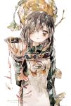  1girl black_hair brown_eyes cowboy_shot ginkgo_leaf green_shirt highres kazuka leaf long_hair long_sleeves looking_at_viewer original painting_(medium) red_nails shirt solo traditional_media watercolor_(medium) white_background 