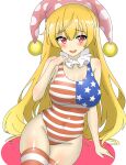  1girl absurdres american_flag_swimsuit breasts clownpiece commentary_request groin hat highres jester_cap large_breasts looking_at_viewer one-piece_swimsuit open_mouth polka_dot_headwear red_eyes school_swimsuit shirokumall simple_background solo swimsuit thighhighs touhou white_background 