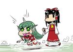  2girls :3 all_fours ascot black_hair bow cloud_print collar curly_hair detached_sleeves gapangman geta green_eyes green_hair hair_bow hair_tubes hakurei_reimu holding_leash horn kariyushi_shirt komano_aun leash long_hair multiple_girls no_nose open_mouth red_bow red_footwear red_shirt ribbon-trimmed_sleeves ribbon_trim shirt shoes shorts socks tongue tongue_out touhou walking white_background white_legwear white_shorts wide_sleeves yellow_neckwear 