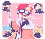  1girl 4boys black_hair black_robe blonde_hair blue_eyes blue_hair closed_eyes coat collared_shirt cream_puff daut_barret earrings finn_ames food fur-trimmed_coat fur_trim happy_birthday highres jewelry lance_crown lemon_irvine mash_burnedead mashle multiple_boys necktie open_mouth popped_collar red_hair red_necktie robe shirt siiii_6918 smile spiked_hair v white_shirt 