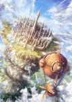  aircraft airship architecture artist_name blue_sky city cloud cloudy_sky concept_art day fantasy from_above garutaisa highres no_humans original outdoors scenery sky spire tower watermark 