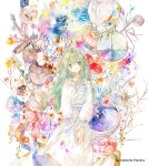  1girl flower green_eyes green_hair kazuka long_hair long_skirt long_sleeves looking_at_viewer original painting_(medium) puffy_sleeves shirt skirt solo traditional_media watercolor_(medium) white_background white_shirt white_skirt 